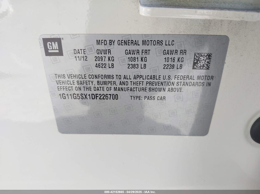 2013 CHEVROLET MALIBU VIN: 1G11G5SX1DF226700