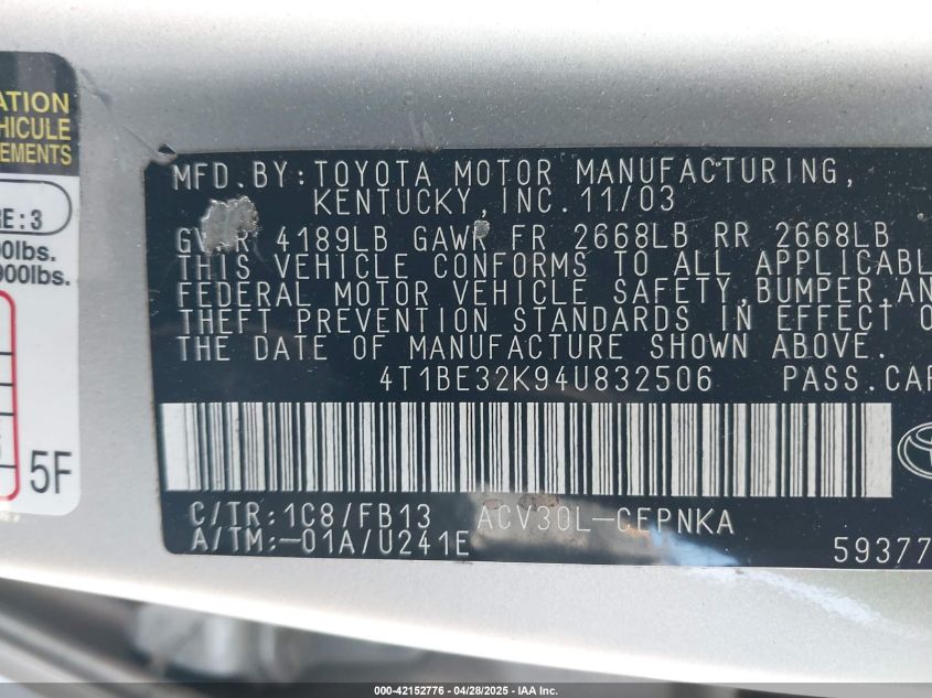 2004 Toyota Camry Le VIN: 4T1BE32K64U882506 Lot: 42152776