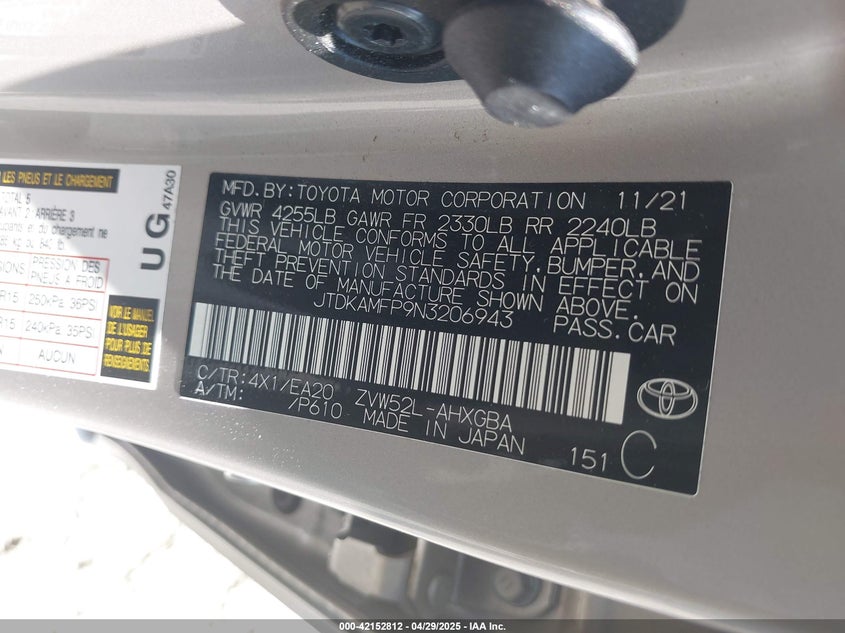 2022 TOYOTA PRIUS PRIME VIN: JTDKAMFP9N3206943