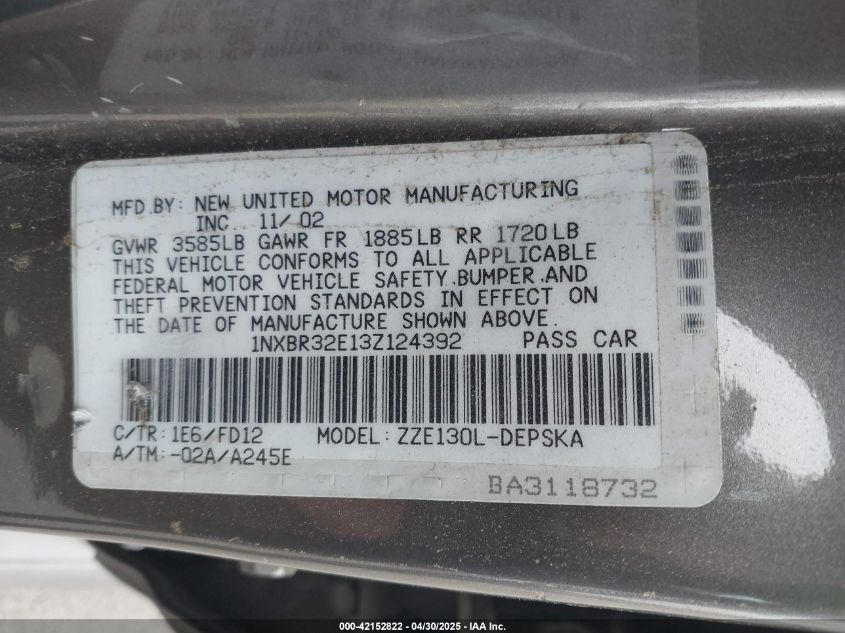 2003 Toyota Corolla S VIN: 1NXBR32E13Z124392 Lot: 42152822