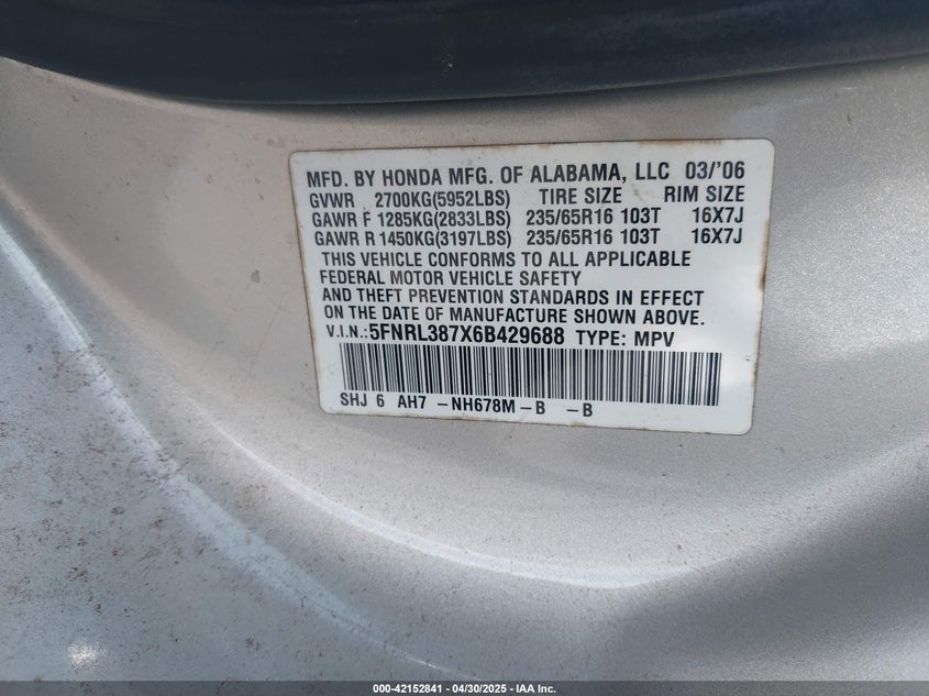 2006 HONDA ODYSSEY VIN: 5FNRL387X6B429688