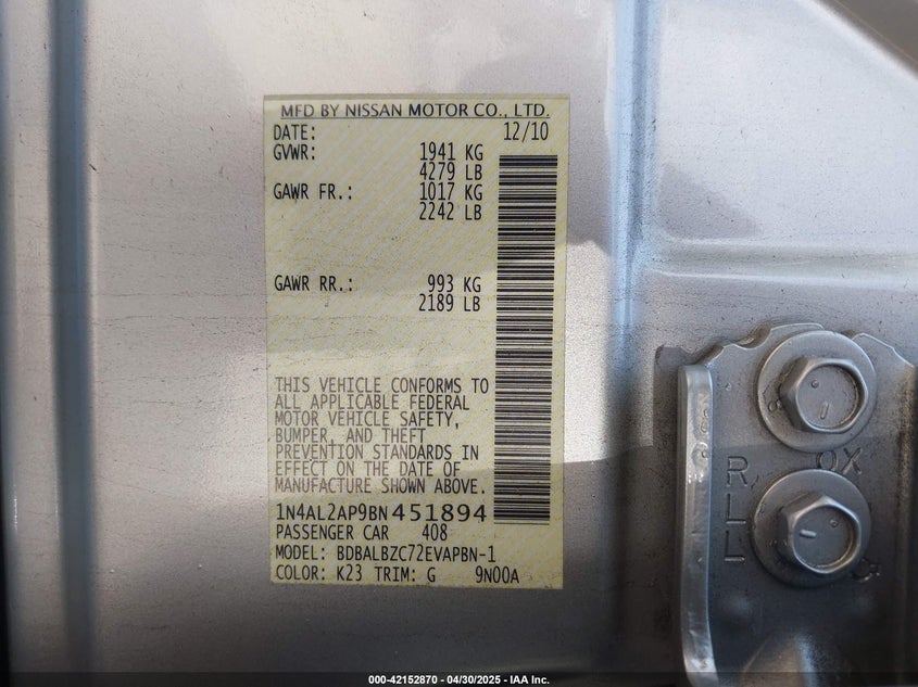 2011 NISSAN ALTIMA VIN: 1N4AL2AP9BN451894