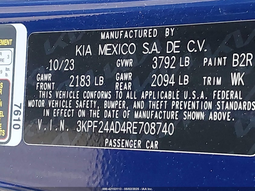 2024 KIA FORTE VIN: 3KPF24AD4RE708740
