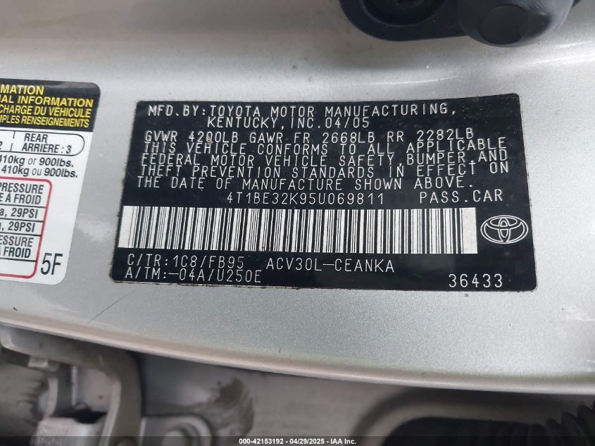 2005 Toyota Camry Le VIN: 4T1BE32K95U069811 Lot: 42153192