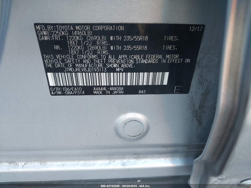 2018 TOYOTA RAV4 HV VIN: JTMDJREV8JD193113