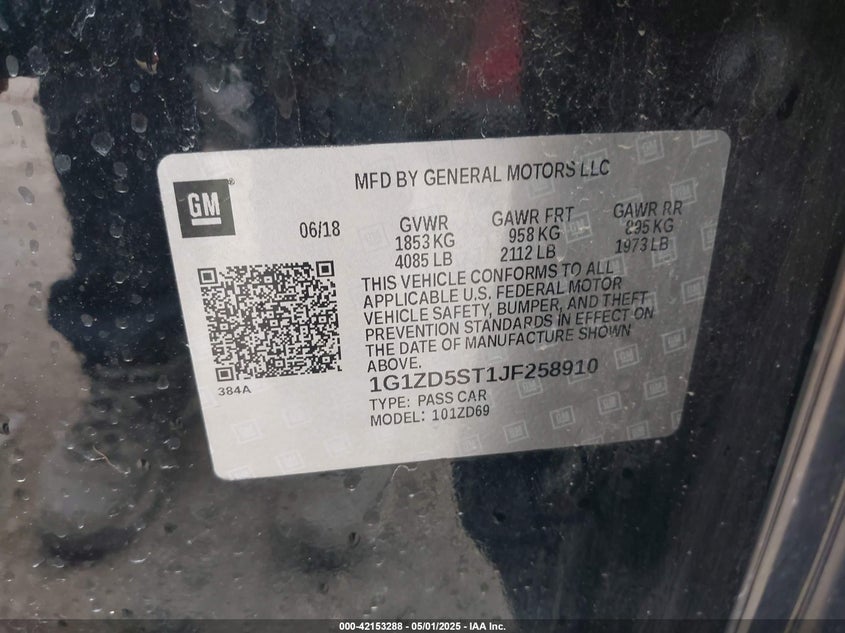 2018 CHEVROLET MALIBU VIN: 1G1ZD5ST1JF258910
