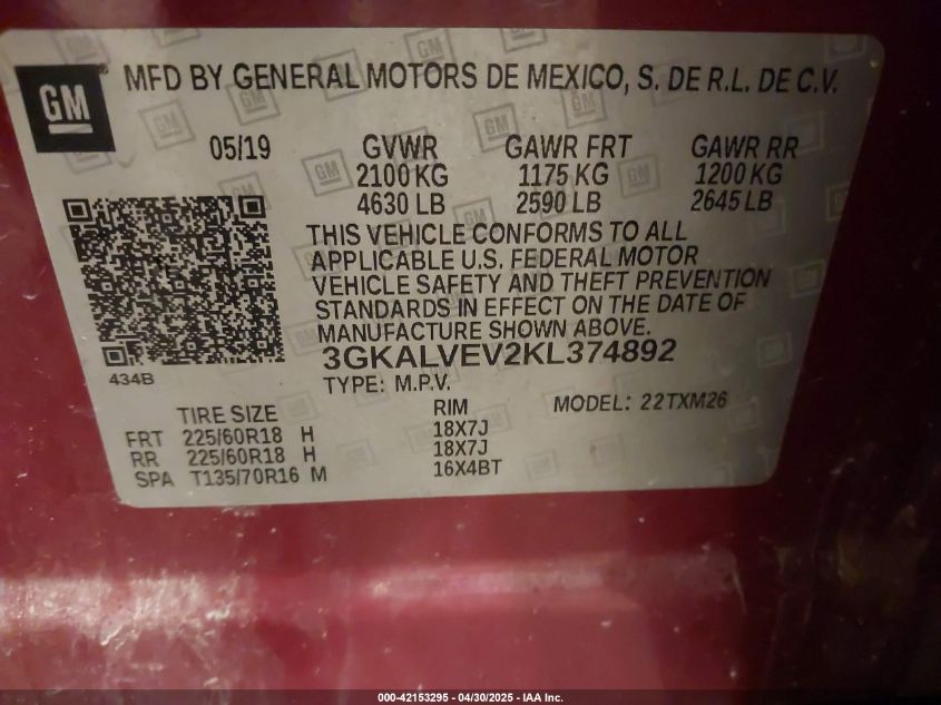 2019 GMC Terrain Slt VIN: 3GKALVEV2KL374892 Lot: 42153295