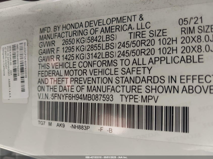 2021 HONDA PILOT VIN: 5FNYF6H94MB087593
