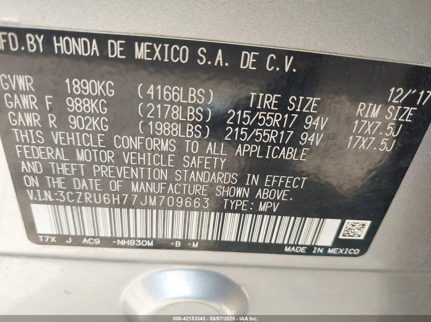 VIN 3CZRU6H77JM709663 2018 HONDA HR-V EX-L