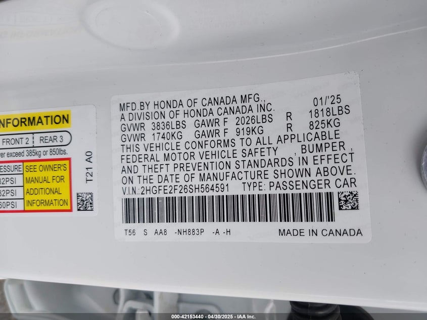 2025 HONDA CIVIC LX - 2HGFE2F26SH564591