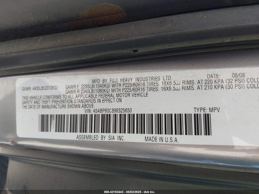 2009 SUBARU OUTBACK VIN: 4S4BP60C896325650