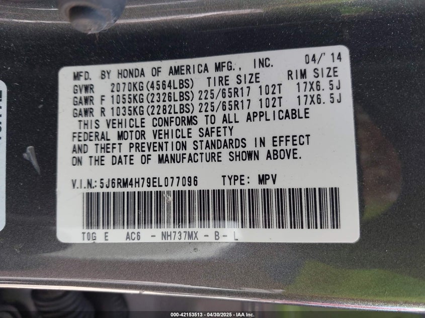 2014 HONDA CR-V EX-L - 5J6RM4H79EL077096