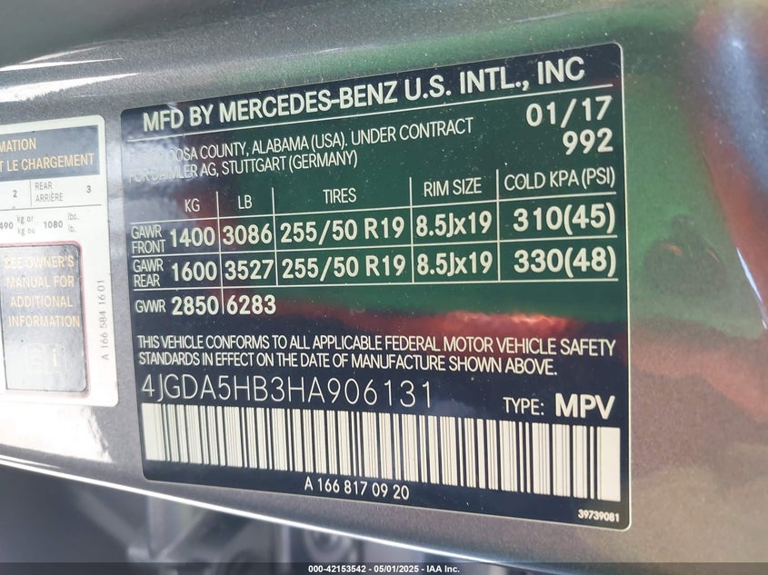 VIN 4JGDA5HB3HA906131 2017 MERCEDES-BENZ GLE 350 4MATIC