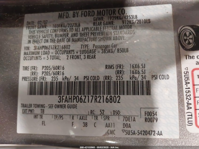 2007 FORD FUSION VIN: 3FAHP06Z17R216802