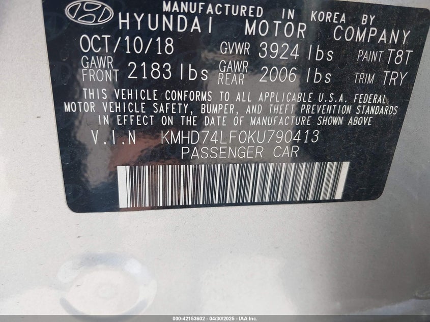 2019 HYUNDAI ELANTRA VIN: KMHD74LF0KU790413