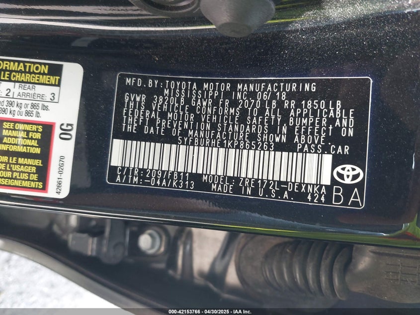 2019 TOYOTA COROLLA VIN: 5YFBURHE1KP865263