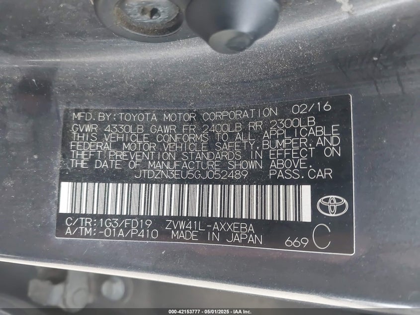 2016 TOYOTA PRIUS V VIN: JTDZN3EU5GJ052489