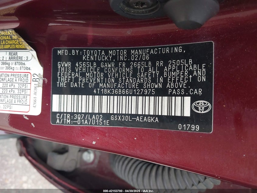 2006 TOYOTA AVALON VIN: 4T1BK36B66U127975
