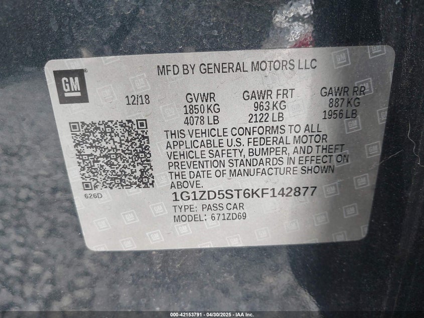 2019 CHEVROLET MALIBU VIN: 1G1ZD5ST6KF142877