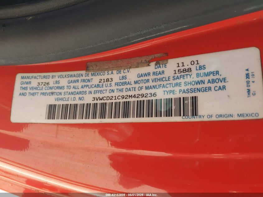 2002 Volkswagen New Beetle Gls 1.8L Turbo VIN: 3VWCD21C92M429236 Lot: 42153808