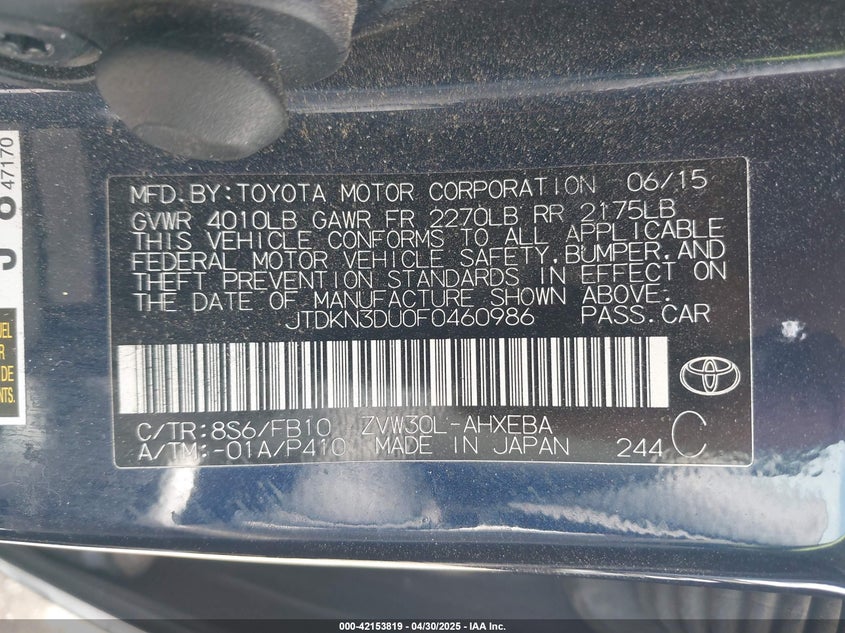2015 TOYOTA PRIUS VIN: JTDKN3DU0F0460986