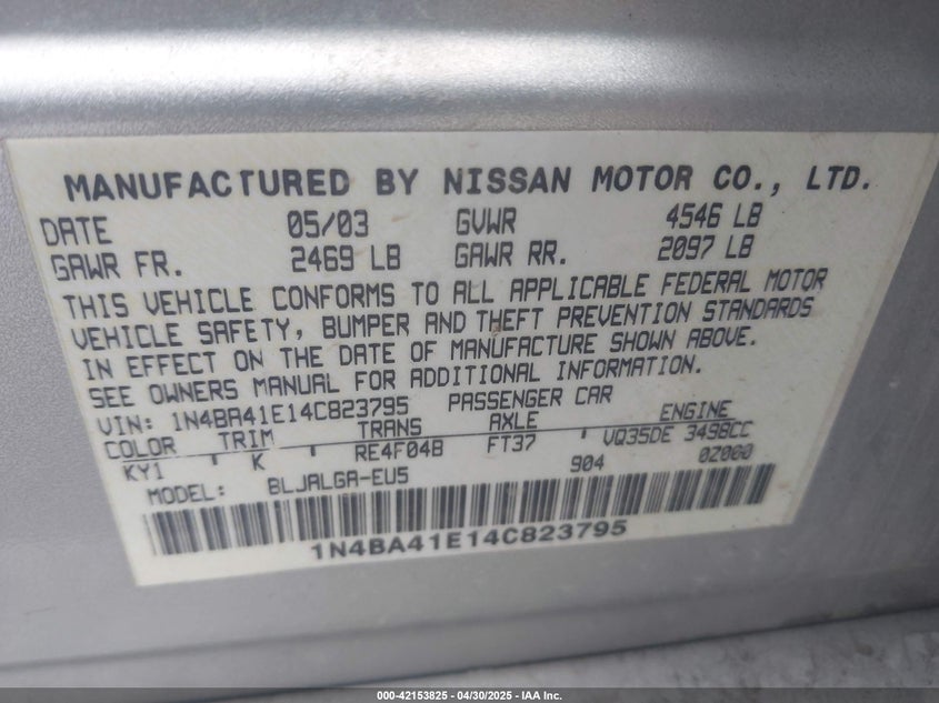 2004 Nissan Maxima VIN: 1N4BA1E14C823795 Lot: 42153825