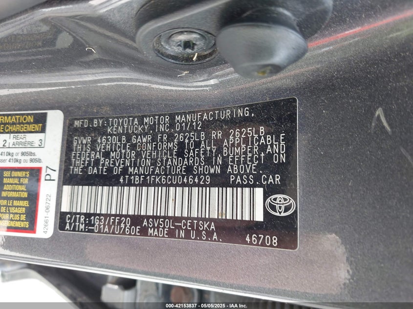 2012 TOYOTA CAMRY VIN: 4T1BF1FK6CU046429