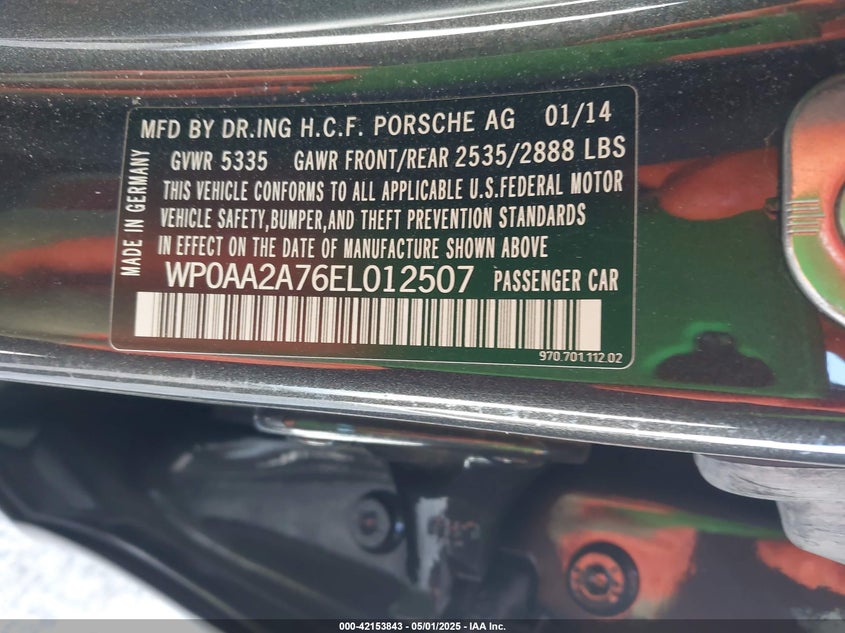 2014 PORSCHE PANAMERA VIN: WP0AA2A76EL012507
