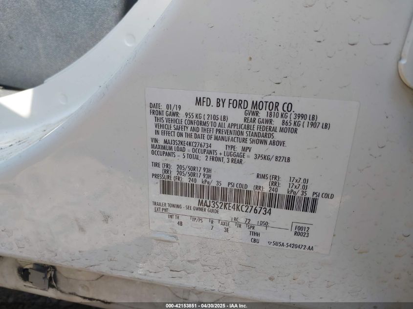 2019 Ford Ecosport Titanium VIN: MAJ3S2KE4KC276734 Lot: 42153851