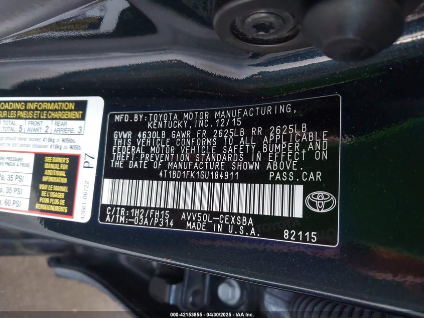 2016 TOYOTA CAMRY VIN: 4T1BD1FK1GU184911