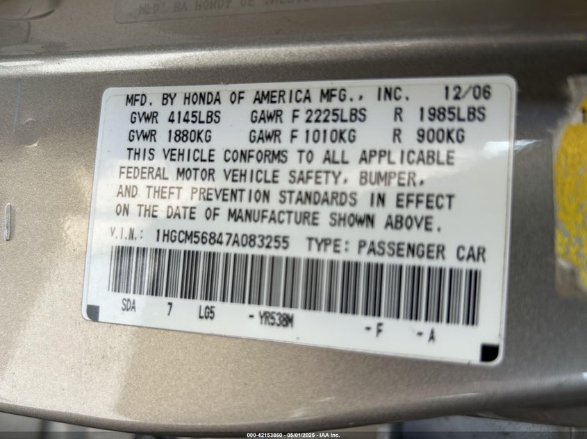 2007 HONDA ACCORD VIN: 1HGCM56847A083255