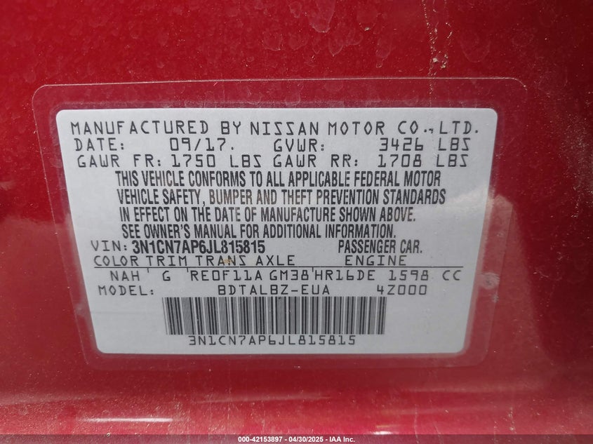 2018 NISSAN VERSA 1.6 SV - 3N1CN7AP6JL815815