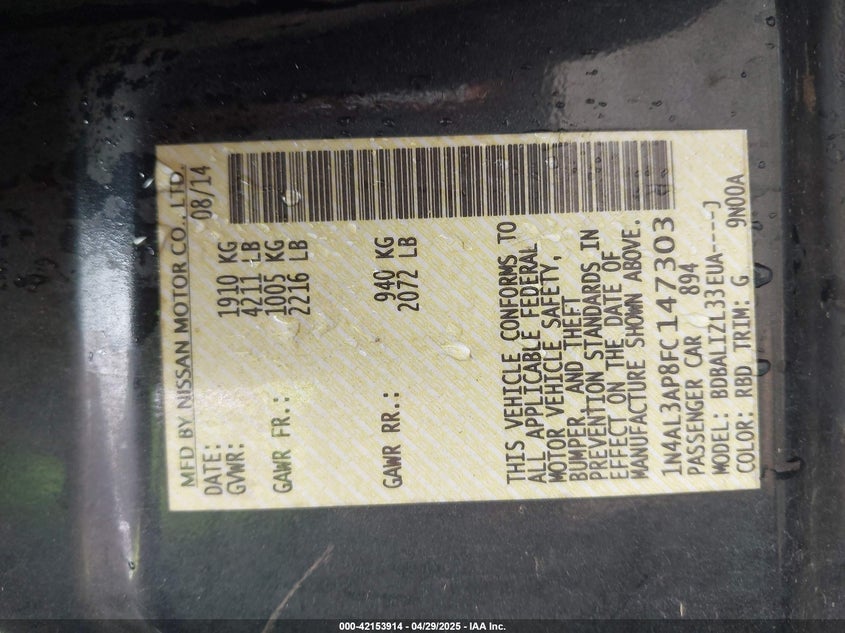2015 NISSAN ALTIMA VIN: 1N4AL3AP8FC147303