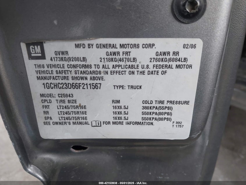 2006 CHEVROLET SILVERADO 2500HD VIN: 1GCHC23D66F211567