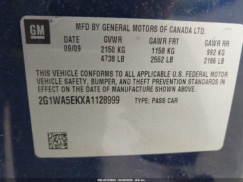 2010 CHEVROLET IMPALA VIN: 2G1WA5EKXA1128999