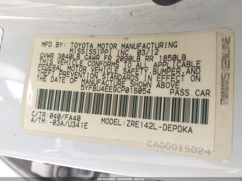 2012 TOYOTA COROLLA VIN: 5YFBU4EE9CP016054