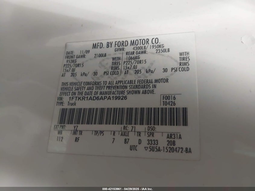 2010 FORD RANGER VIN: 1FTKR1AD6APA19926