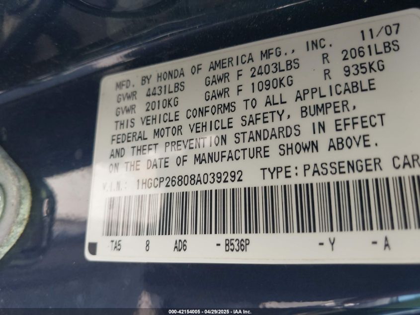 2008 Honda Accord 2.4 Ex-L VIN: 1HGCP26808A039292 Lot: 42154005