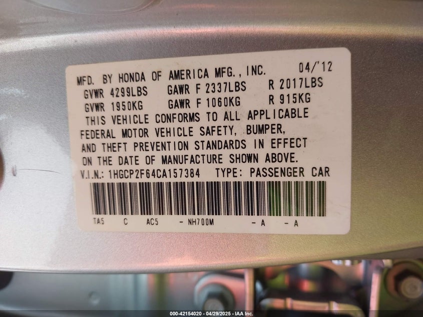 2012 HONDA ACCORD VIN: 1HGCP2F64CA157384
