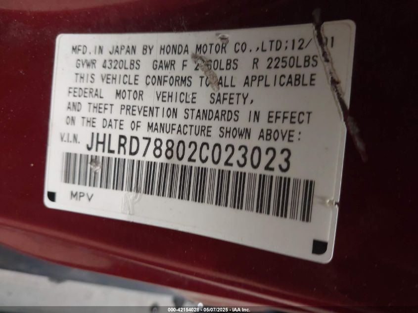 2002 Honda Cr-V Lx VIN: JHLRD78422C024476 Lot: 42154028