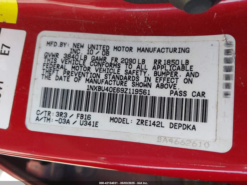 2009 TOYOTA COROLLA VIN: 1NXBU40E69Z119561