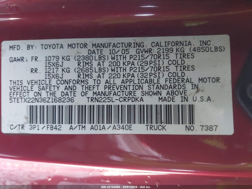 2006 TOYOTA TACOMA VIN: 5TETX22N36Z168236