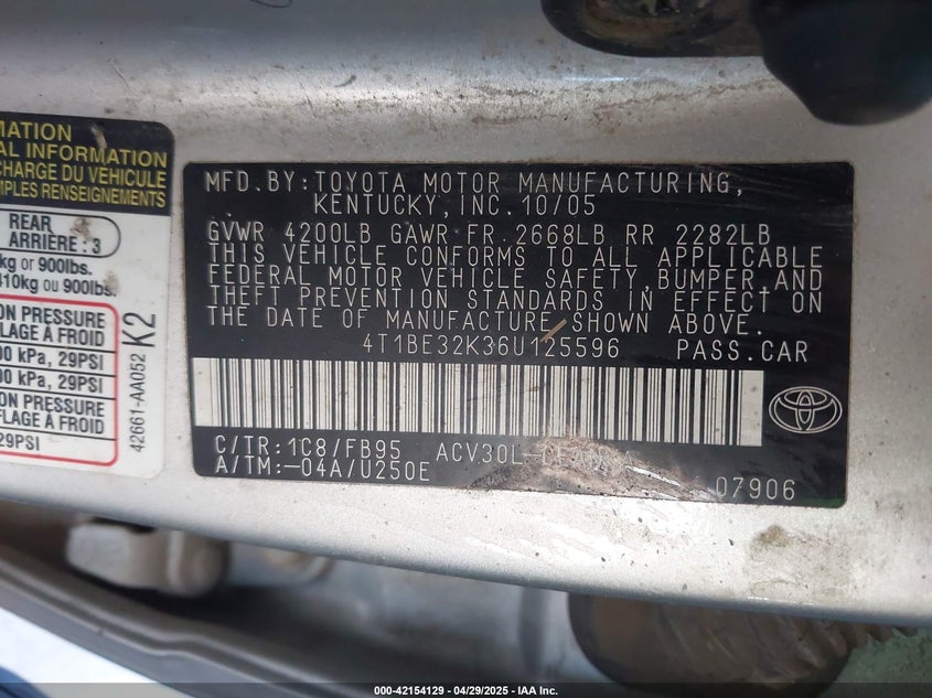 2006 TOYOTA CAMRY VIN: 4T1BE32K36U125596