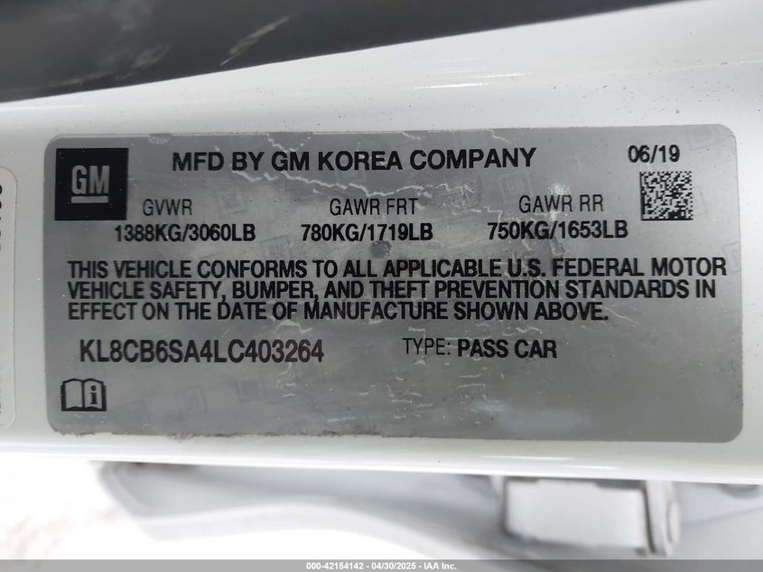 2020 CHEVROLET SPARK VIN: KL8CB6SA4LC403264