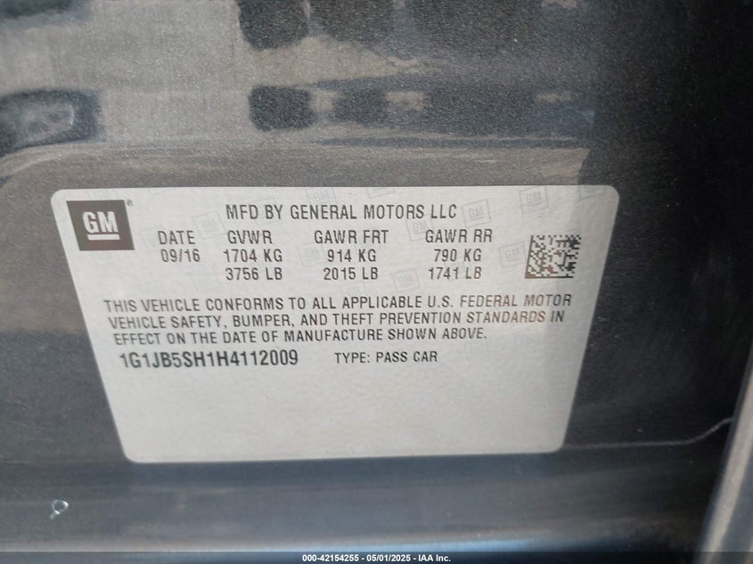 VIN 1G1JB5SH1H4112009 2017 CHEVROLET SONIC LS AUTO