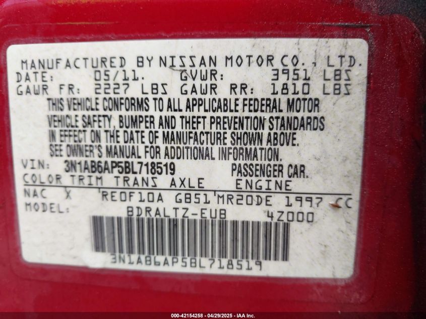 2011 Nissan Sentra 2.0S VIN: 3N1AB6AP5BL718519 Lot: 42154258