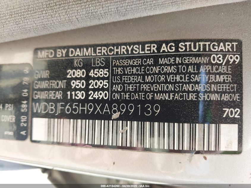 1999 Mercedes-Benz E 320 VIN: WDBJF65H9XA899139 Lot: 42154260