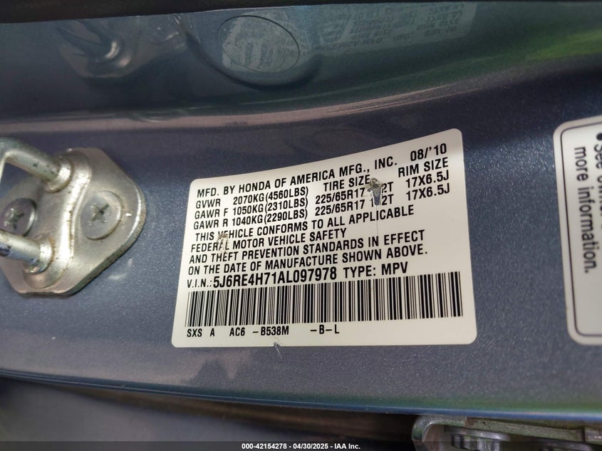 2010 HONDA CR-V VIN: 5J6RE4H71AL097978