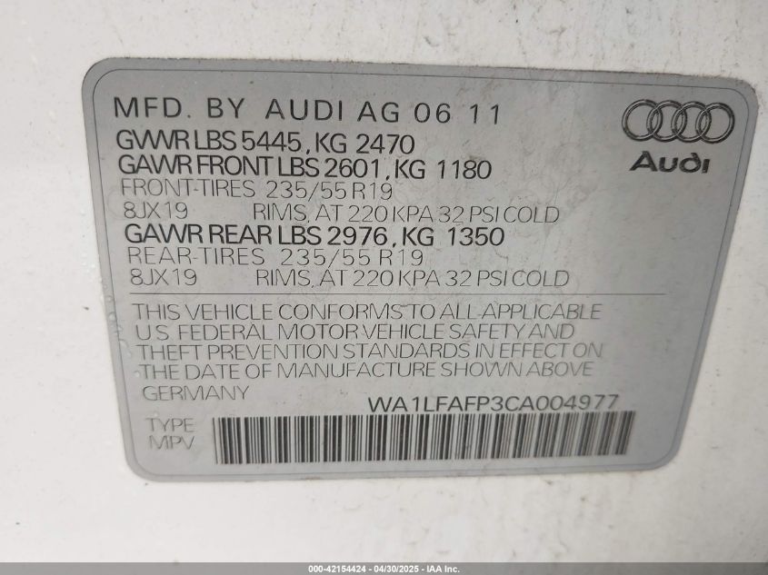 2012 Audi Q5 Premium Plus VIN: WAILFAFP3CA004977 Lot: 42154424