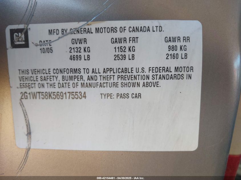 2006 Chevrolet Impala Lt VIN: 2G1WT58K569175534 Lot: 42154461